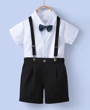 Kookie Kids Solid Shirt & Short Bottom Set With Suspenders & Bow Tie - White & Black