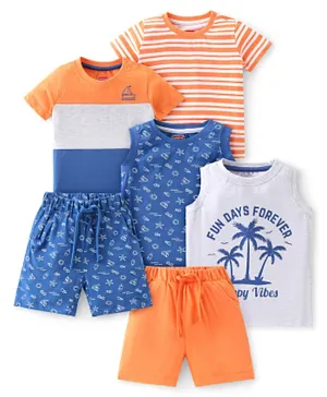 Babyhug 100% Cotton Knit Half Sleeves T-Shirt & Shorts With Beach Theme Pack Of 6 - Blue Orange & Grey