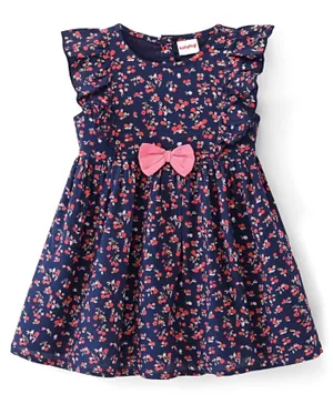 Babyhug Viscose Woven Frill Sleeves Floral Printed Frock with Bow Tie - Navy Blue
