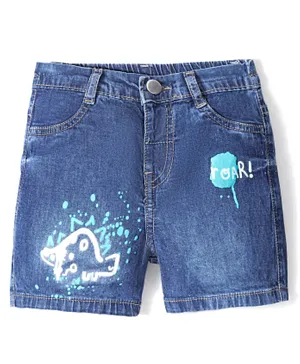 Bonfino Cotton Knee Length Denim Washed Shorts with Dino & Text Print - Blue
