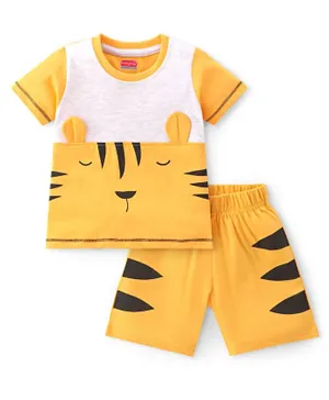Babyhug Cotton Knit Half Sleeves Night Suit With Tiger Print - Yellow & Black