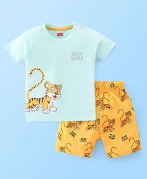 Babyhug Cotton Knit Half Sleeves Night Suit With Tiger Print - Blue