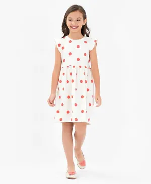 Primo Gino Cotton Blend Frill Sleeves Dress With Polka Dot Print - Ivory