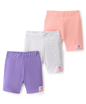 Bonfino 100% Cotton Cycling Shorts With Text Patch Pack Of 3 - Violet Ecru & Pink