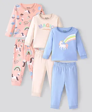 Bonfino 100% Cotton Full Sleeves Night Suit with Unicorn & Flamingo Print Pack Of 3 - Blue & Pink