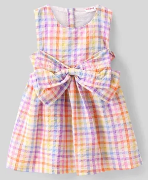 Babyhug Seer Sucker Woven Sleeveless Frock With Bow Detailing Checkered - Multicolour