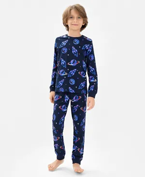 Primo Gino 100% Cotton Knit Full Sleeves Night Suit With Space Theme Print - Blue