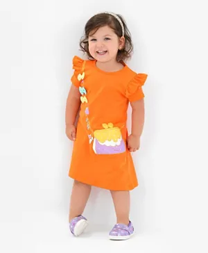 Bonfino 100% Cotton Knit Short Sleeves Bag Printed Frock with Bow Applique - Orange