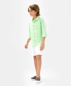 Primo Gino 100% Cotton Woven Full Sleeves Solid Color Shirt & Shorts Set - Light Green