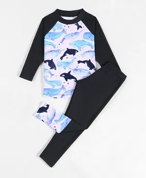 SAPS Whales Printed Quick Drying Two Piece Swimsuit - Black
