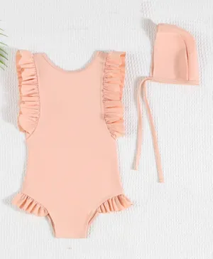 SAPS Solid Quick Drying Frilled V Cut Swimsuit - Pink