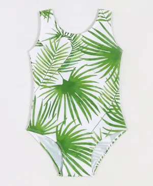 SAPS All Over Leaves Printed Quick Drying V Cut Swimsuit - White