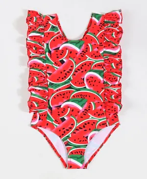 سابس - ملابس سباحة مكشكشة على شكل حرف V سريعة الجفاف بطباعة البطيخ - أحمر
