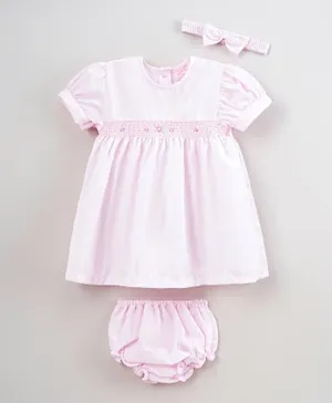 Rock a Bye Baby Floral Smocked  Dress With Bloomer And Headband Set - Light Pink