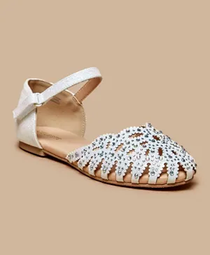 Celeste - Girls' Stone Embellished Sandals with Hook and Loop Closure - White