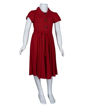Finelook - Girl Floral Tie-Waist Pleated Dress - Red