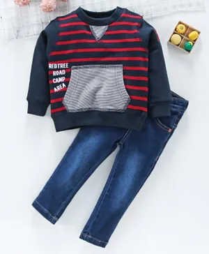ToffyHouse Full Sleeves Striped Tee & Jeans - Navy Blue