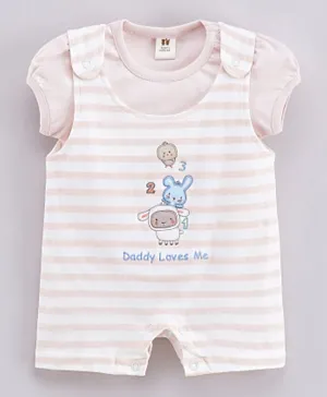 ToffyHouse Striped Dungaree Style Romper with Short Sleeves Inner Tee Sheep Embroidered - Peach