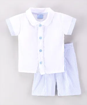 راك أباي بيبي - طقم قميص بحواف مخططة وشورت   - لون أبيض