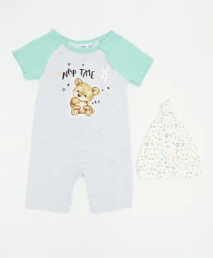 R&B Kids Nap Time Printed Romper With Cap - Multicolor