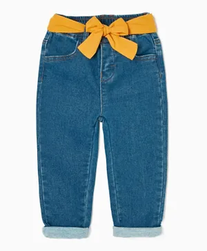 زيبي - بنطال جينز مع حزام  بشكل شريطة - أزرق