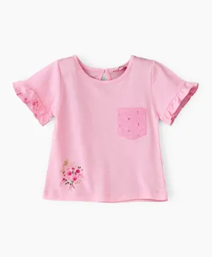 Jelliene Floral Graphic & Embroidered Pocket Top - Pink
