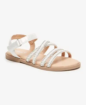 Little Missy - Embellished Cross Strap Sandals with Hook and Loop Closure - White