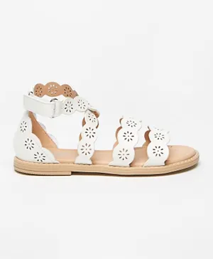 Little Missy - Cutwork Detail Flat Sandals with Hook and Loop Closure - White