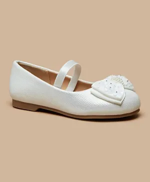 Juniors - Bow Embellished Ballerina Shoes with Elastic Strap Detail - White