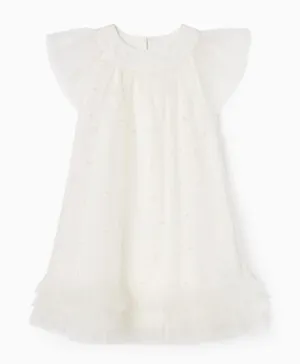 زيبي - فستان بكشكشة مزين باللؤلؤ - أبيض