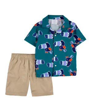 Carter's 2 Piece Bird Button Front Shirt & Shorts Set - Green