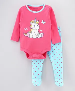 Babyoye Full Sleeves Onesie & Bootie Leggings Unicorn Print - Pink Sea Green