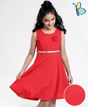 Hola Bonita - Knee Length Glitter Party Frock with Corsage Belt - Red