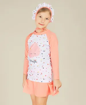 Kookie Kids Full Sleeves Two Piece Swimsuit With A Cap - Peach