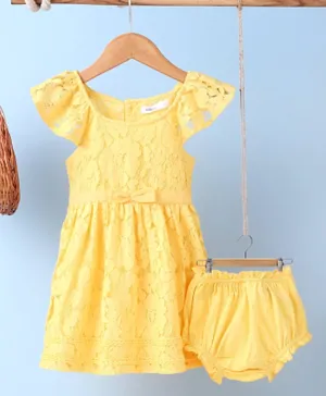 Babyoye Cap Sleeves Lace Frock With Bloomer Bow Applique - Light Yellow