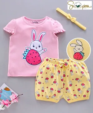 Babyoye Short Sleeves Cotton Supima Tee & Shorts Bunny Print - Pink Yellow