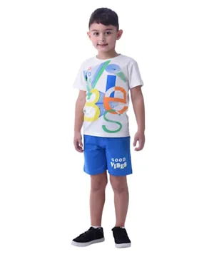 Victor and Jane Boys 2-Piece Set With Short Sleeve T-Shirt & Shorts - Off-White & Blue