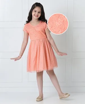 Hola Bonita Half Sleeves Lace & Sequin Mesh Party Dress - Peach