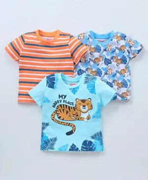 Babyhug Half Sleeves T-Shirts Cat Print Pack of 3 - Orange Blue