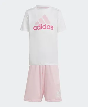 adidas Essentials Big Logo T-Shirt & Shorts Set - White & Pink