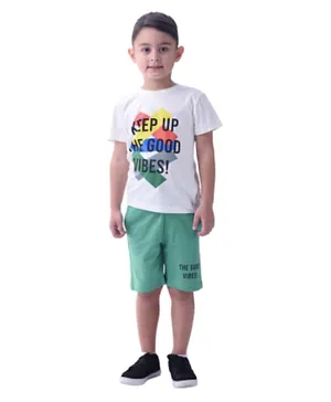 Victor and Jane Boys -  2-Piece Set With Short Sleeve T-Shirt & Shorts - Off-White & Green