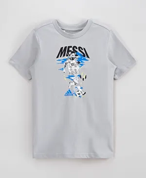 اديداس -تيشيرت بطبعة ميسي وكرة القدم  - أزرق رمادي