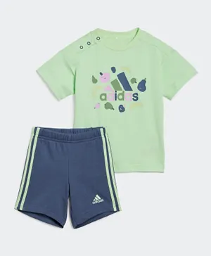 adidas Essentials Allover Printed T-Shirt & Shorts Set - Green & Blue