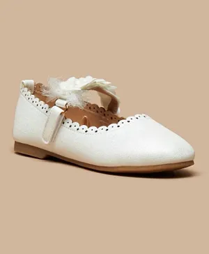 Juniors - Floral Applique Ballerina Shoes with Hook and Loop Closure - White