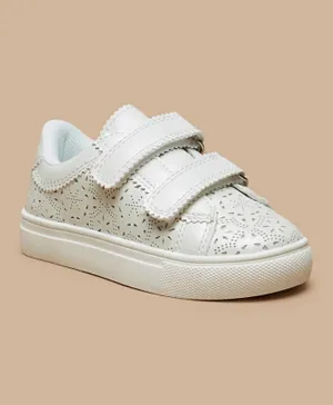 Juniors - Textured Sneakers with Cutout Detail and Hook and Loop Closure - White