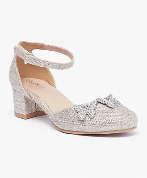 Celeste Girls' Butterfly Embellished Ballerina Shoes with Block Heels - Gold