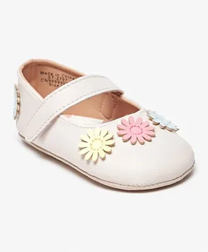 Barefeet - Floral Applique Mary Jane Shoes with Hook and Loop Closure - Beige