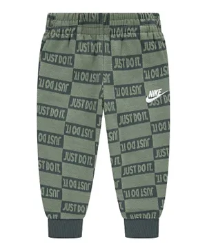 Nike Cotton Blend Just Do It All Over Printed & Logo Embroidered Joggers - Oil Green