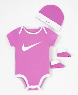 Nike 3 Piece NHN Swoosh Boxed Onesie with Booties & Cap Set - Playful Pink