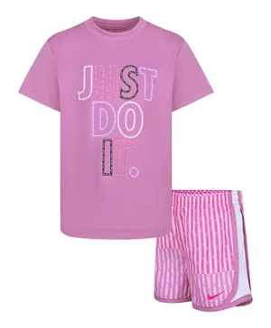 Nike Just Do It Graphic Short Sleeves T-Shirt & All Over Printed Striped Shorts Set - Magic Flamingo & White